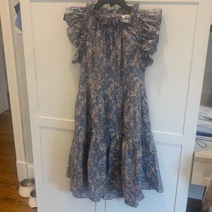 Blue, pink and cream flutter sleeve midi-length dress with high low hem